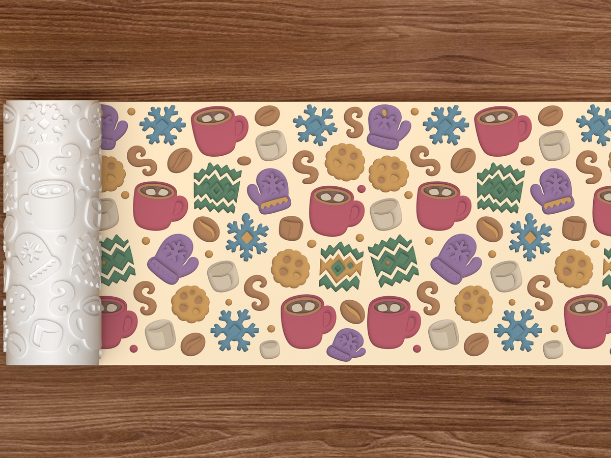 Hot Cocoa Cozy Textured Roller STL File - 02 wide shot deboss colored