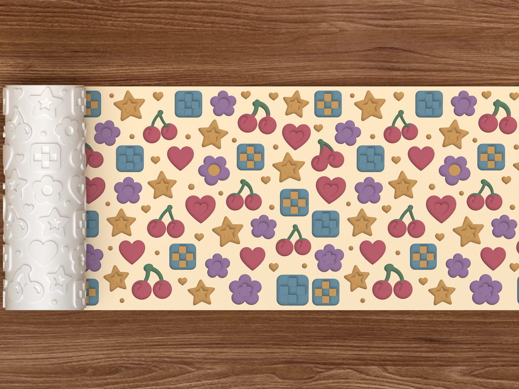Retro Kawaii Icons Textured Roller STL File - 02 wide shot deboss colored