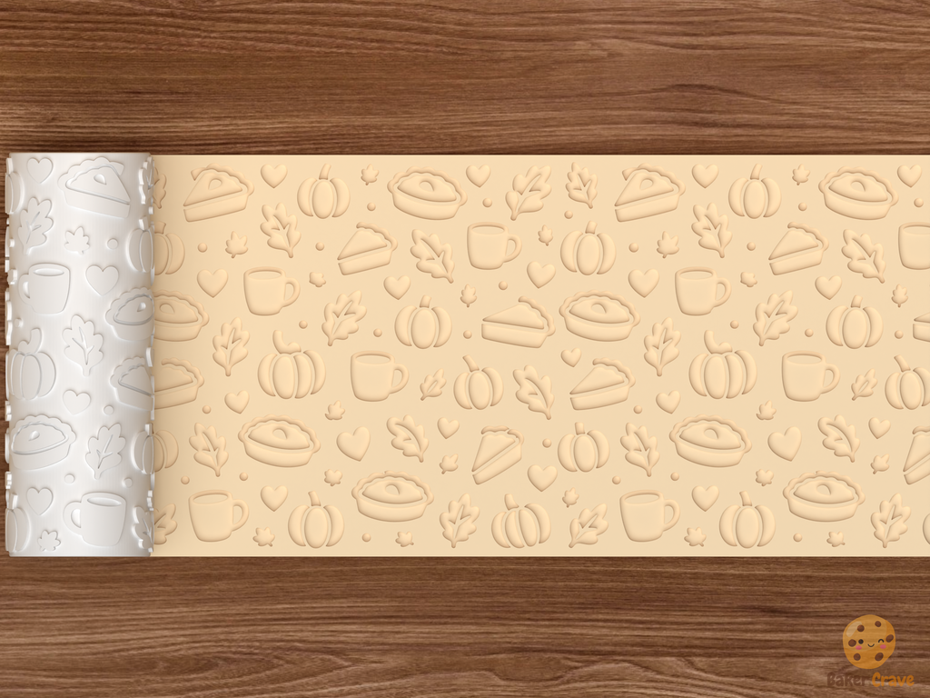 Autumn Pie and Pumpkin Textured Roller STL File - 02 wide shot deboss