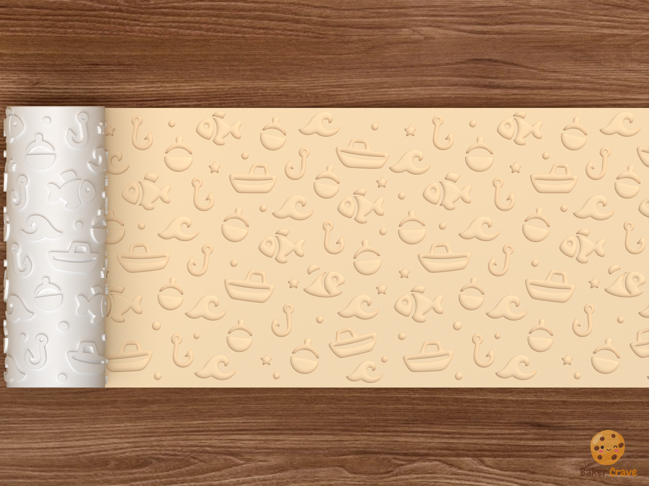 Nautical Fishing Textured Roller STL File - 02 wide shot deboss