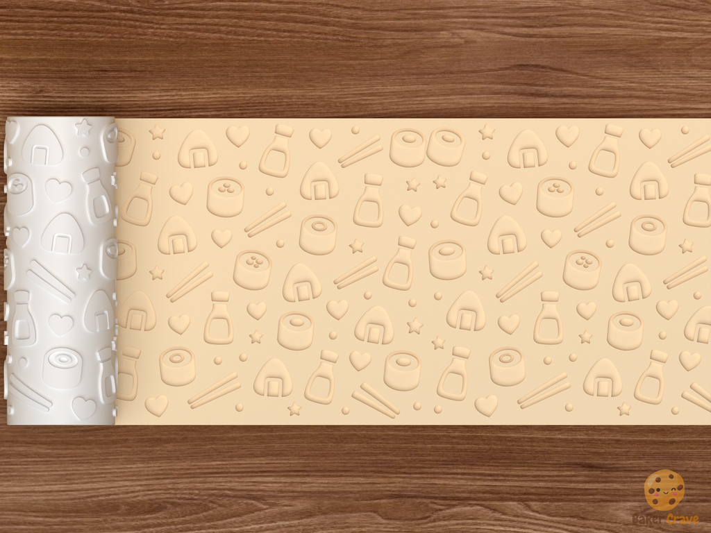 Kawaii Sushi Textured Roller STL File - 02 wide shot deboss
