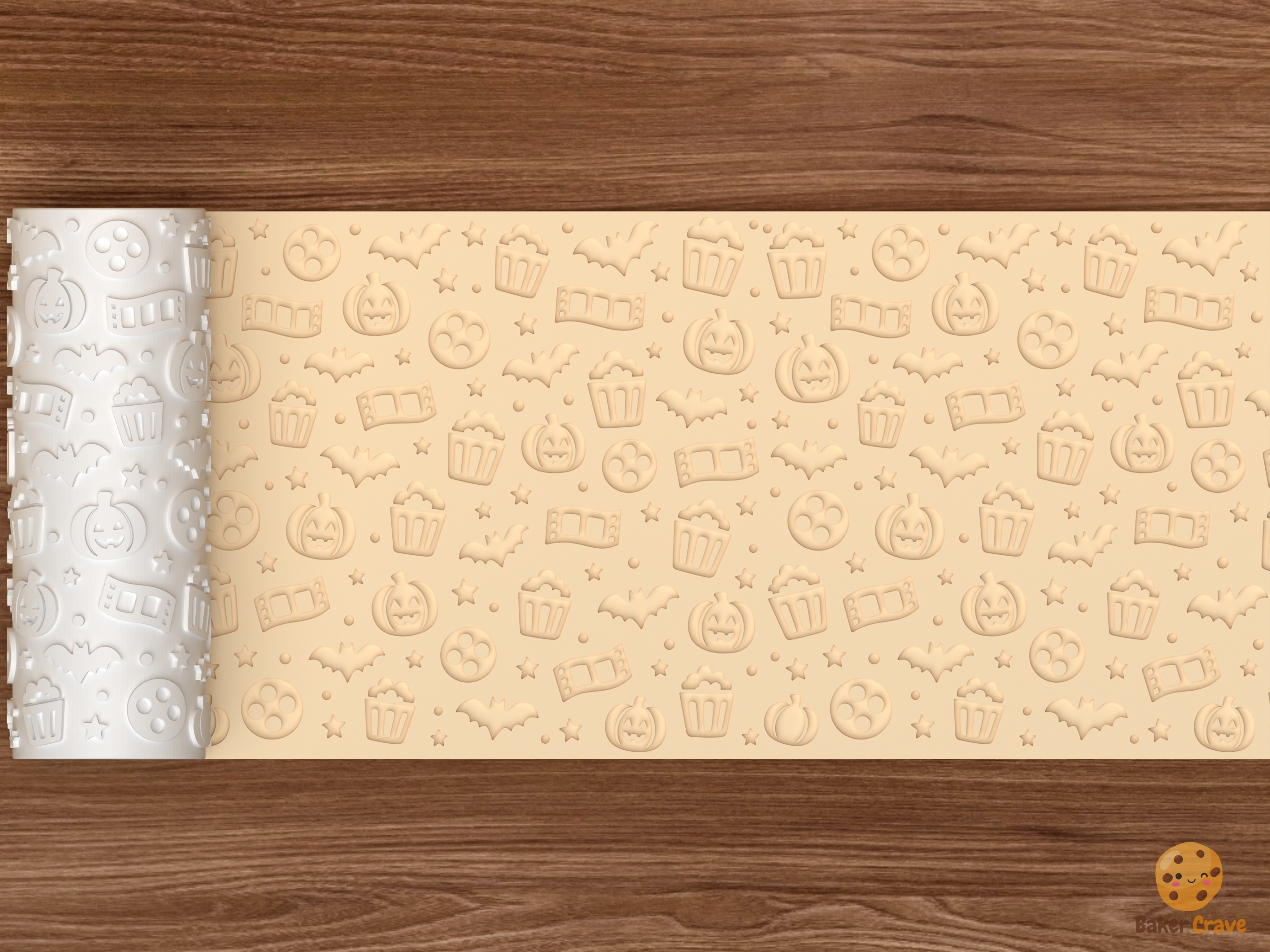 Spooky Popcorn Movie Night Textured Roller STL File - 02 wide shot deboss