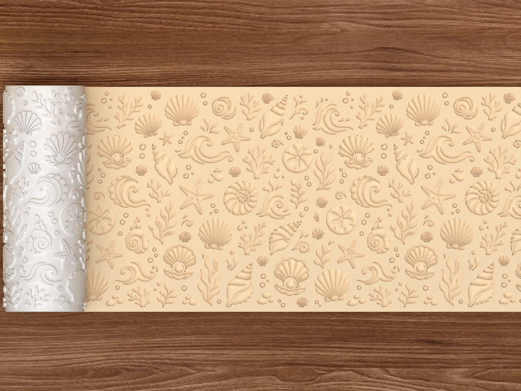 Ocean Shell & Wave Textured Roller STL File - 02 wide shot deboss
