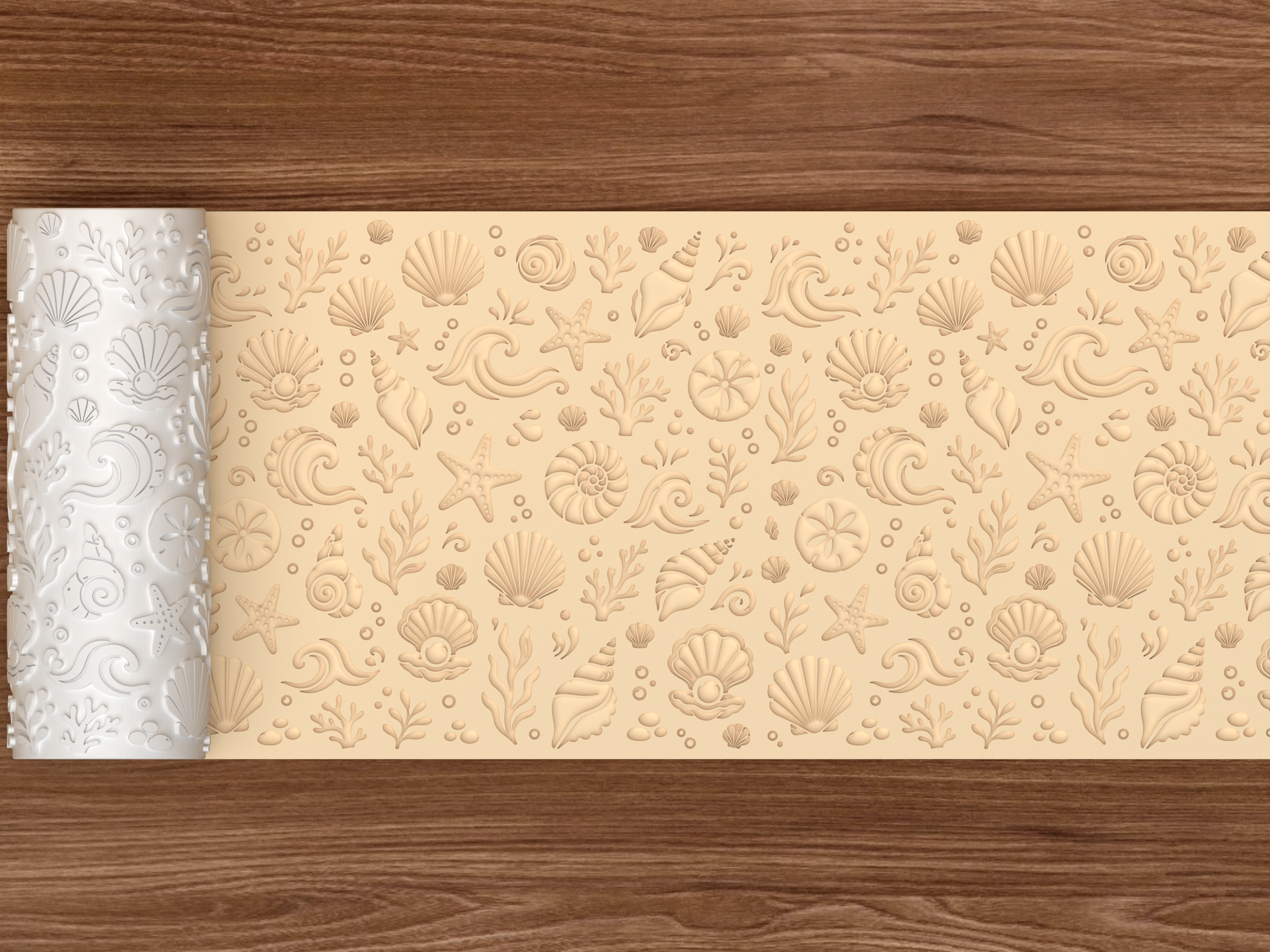Ocean Shell & Wave Textured Roller STL File - 02 wide shot deboss