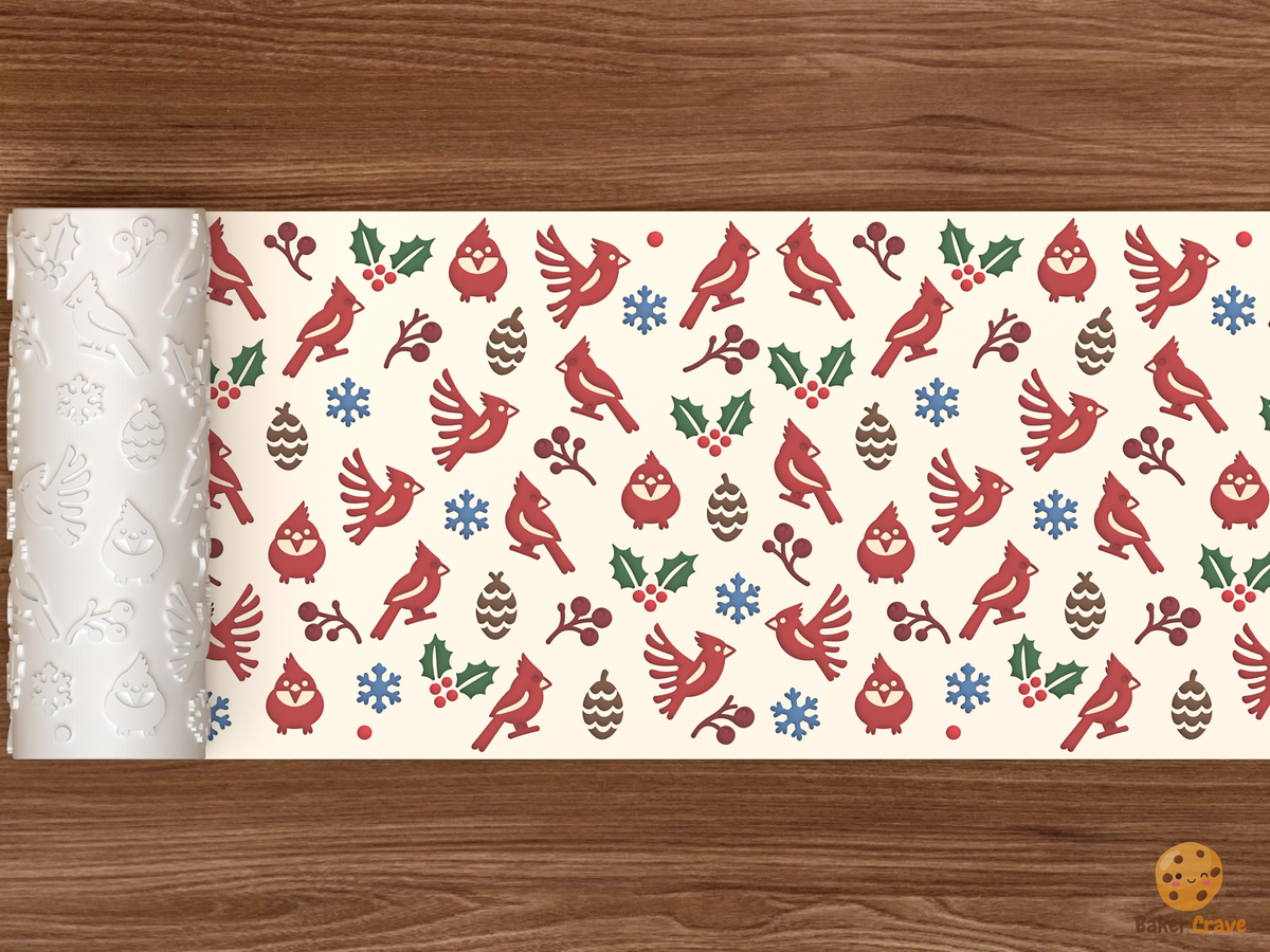 Winter Cardinal Berry Sprig Textured Roller STL File