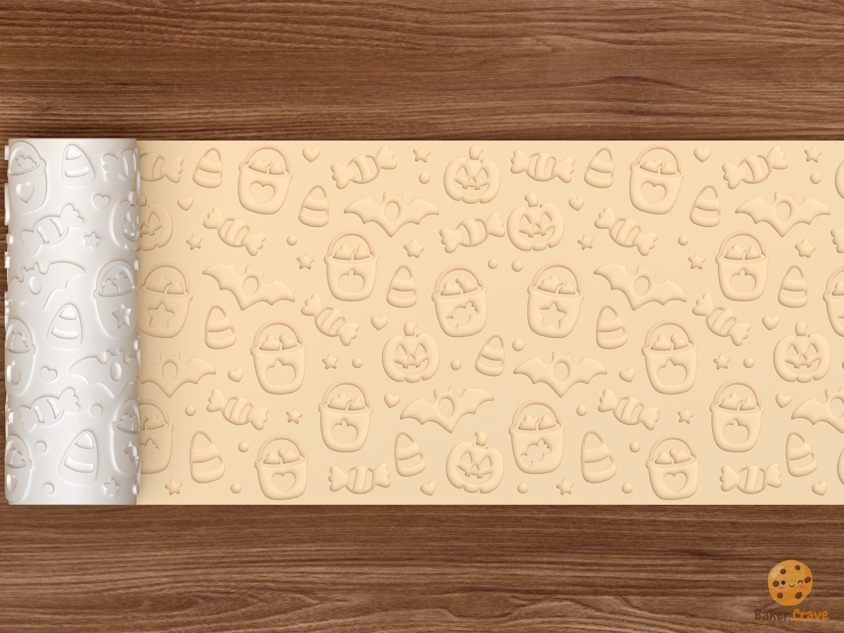 Trick Or Treat Candy Bucket Textured Roller STL File - 02 wide shot deboss