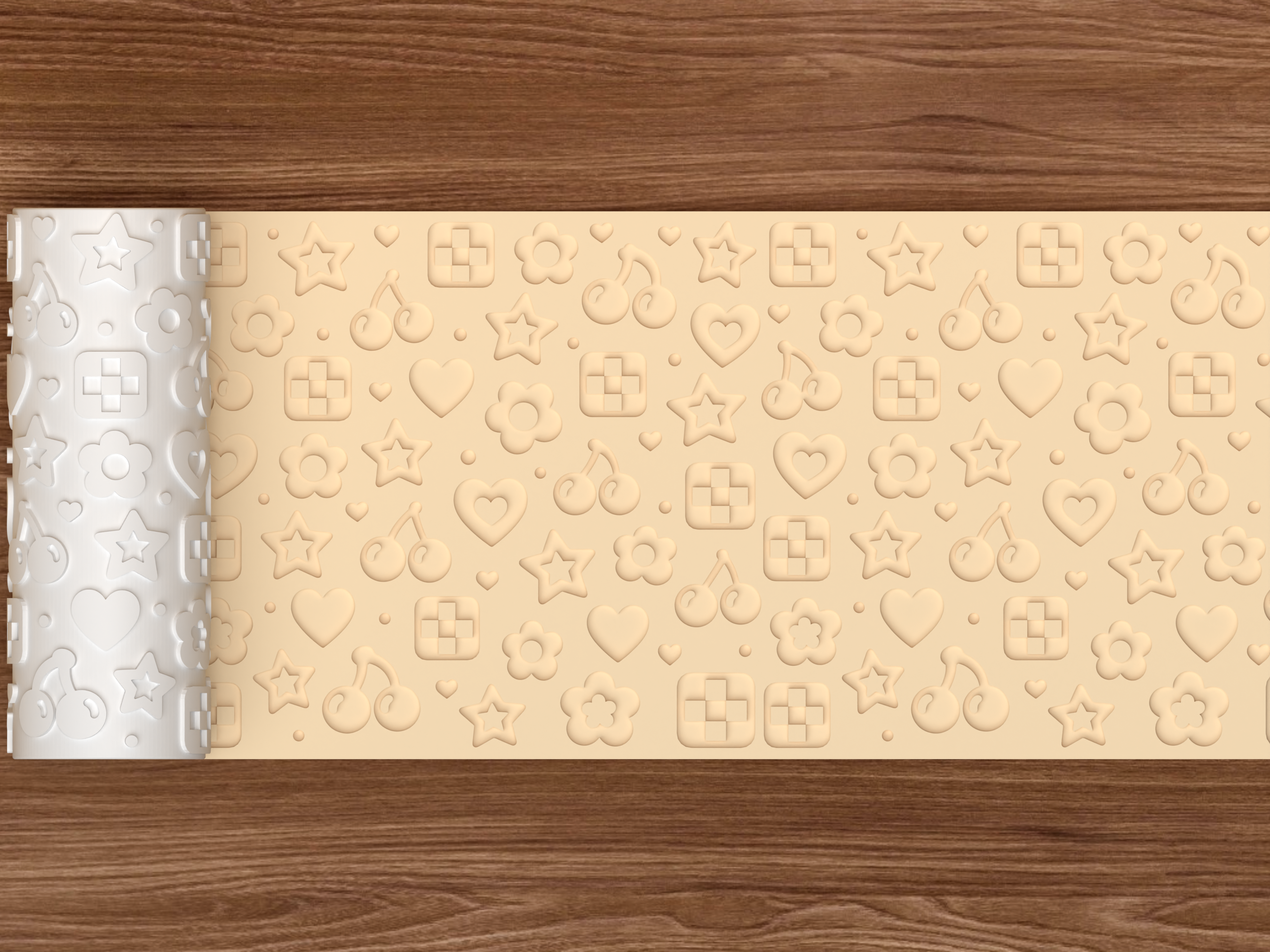 Retro Kawaii Icons Textured Roller STL File - 02 wide shot deboss