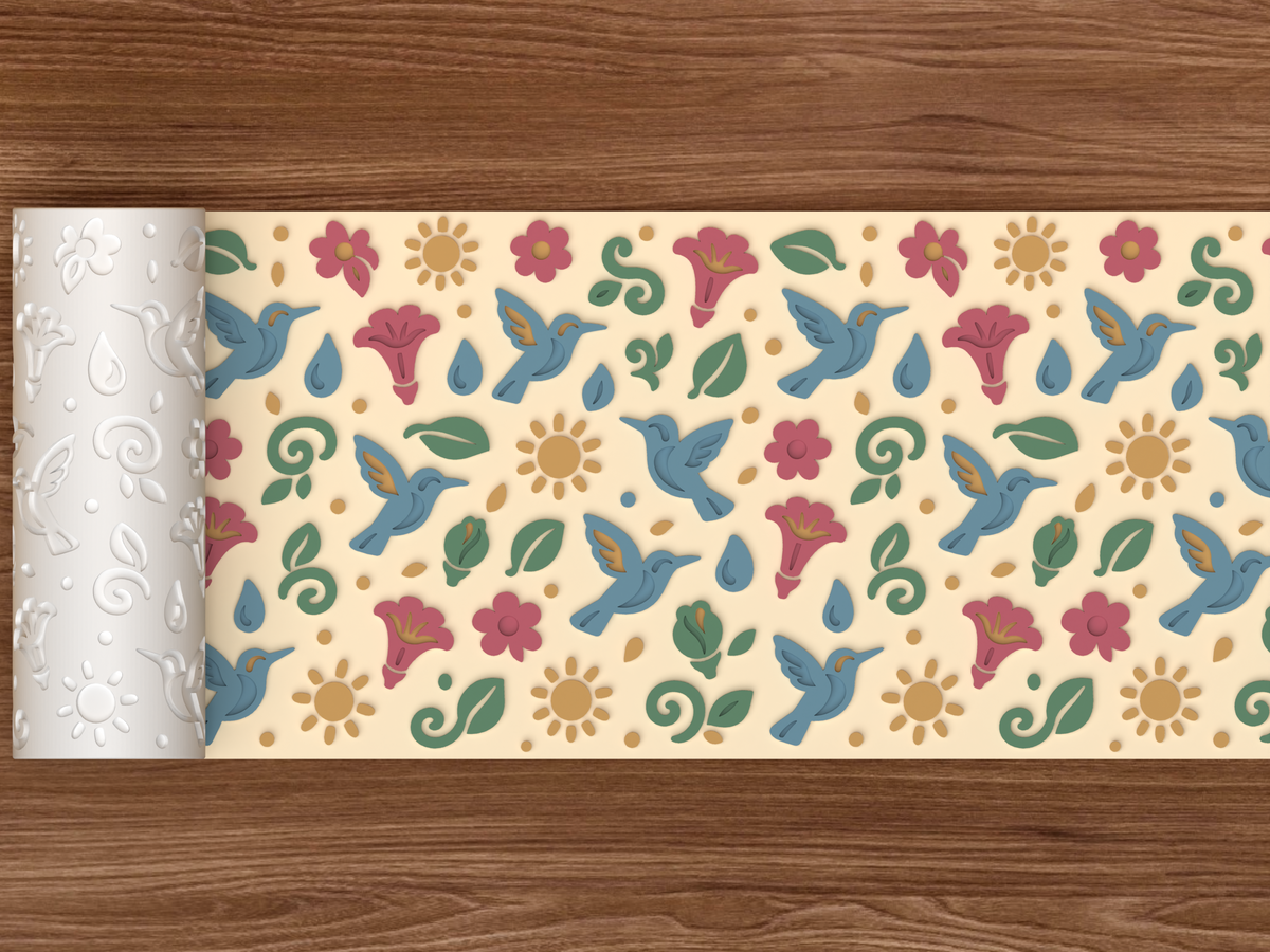 Hummingbird Floral Textured Roller STL File - 02 wide shot emboss colored