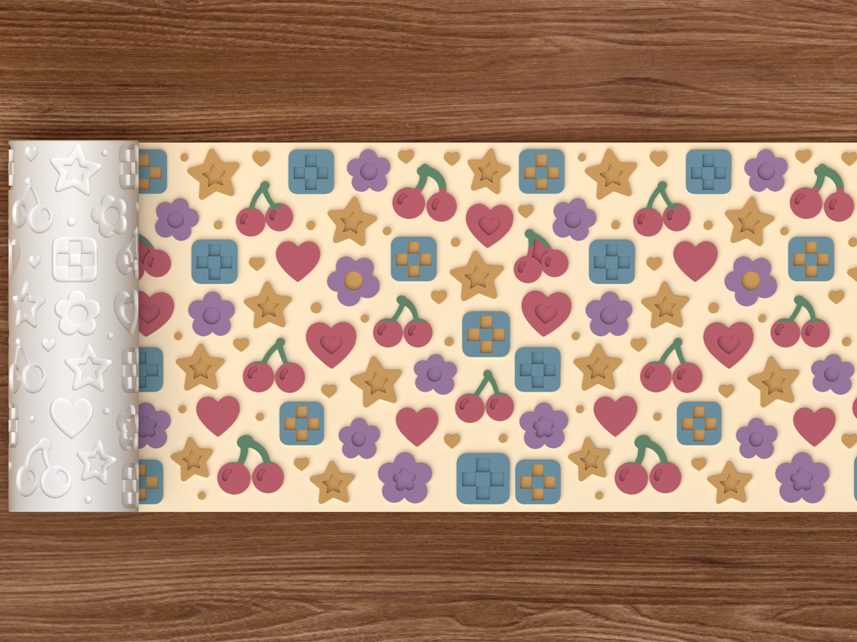 Retro Kawaii Icons Textured Roller - 02 wide shot emboss colored