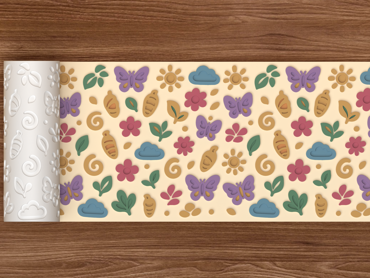 Butterfly Meadow Textured Roller STL File - 02 wide shot emboss colored