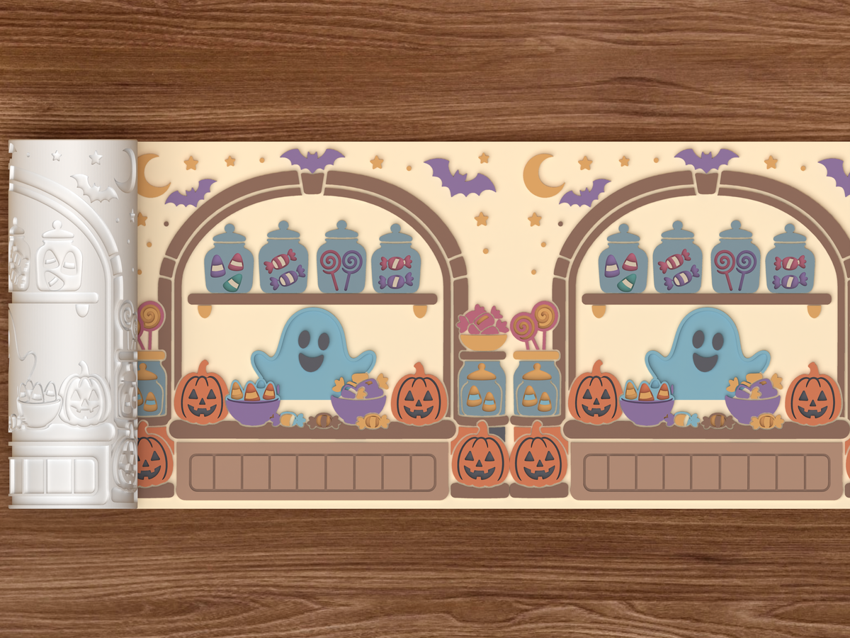 Haunted Candy Shop Window Halloween Textured Roller STL File - 02 wide shot emboss colored