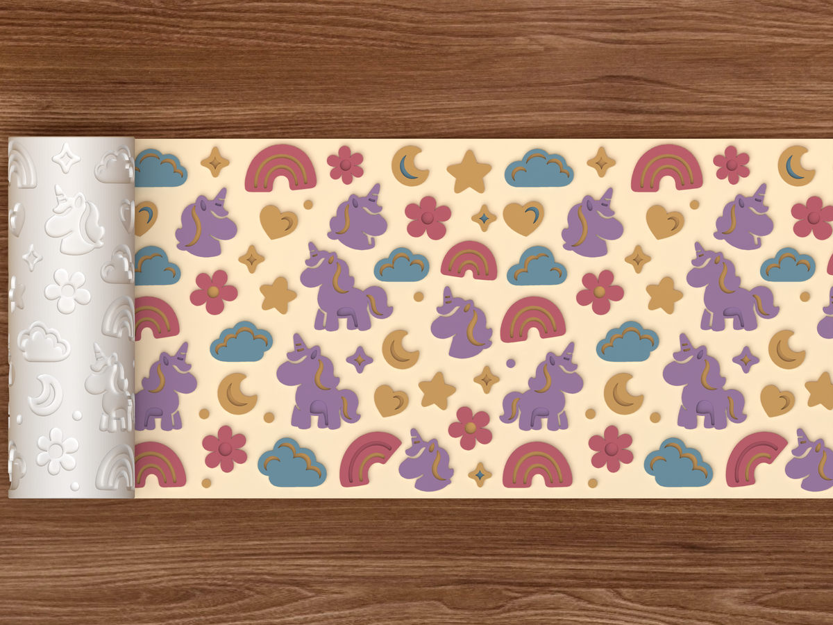 Unicorn Meadow Textured Roller STL File - 02 wide shot emboss colored