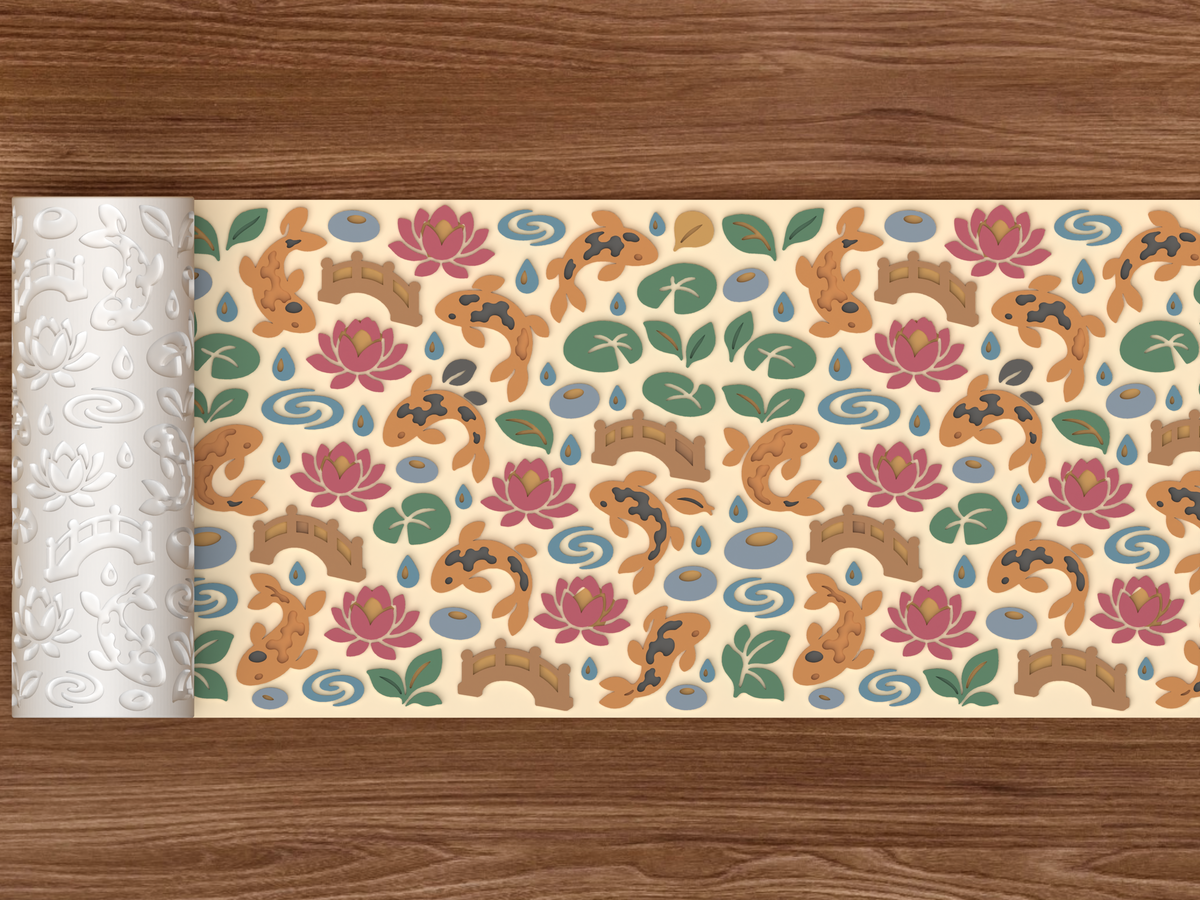 Koi Lotus Pond Textured Roller STL File - 02 wide shot emboss colored