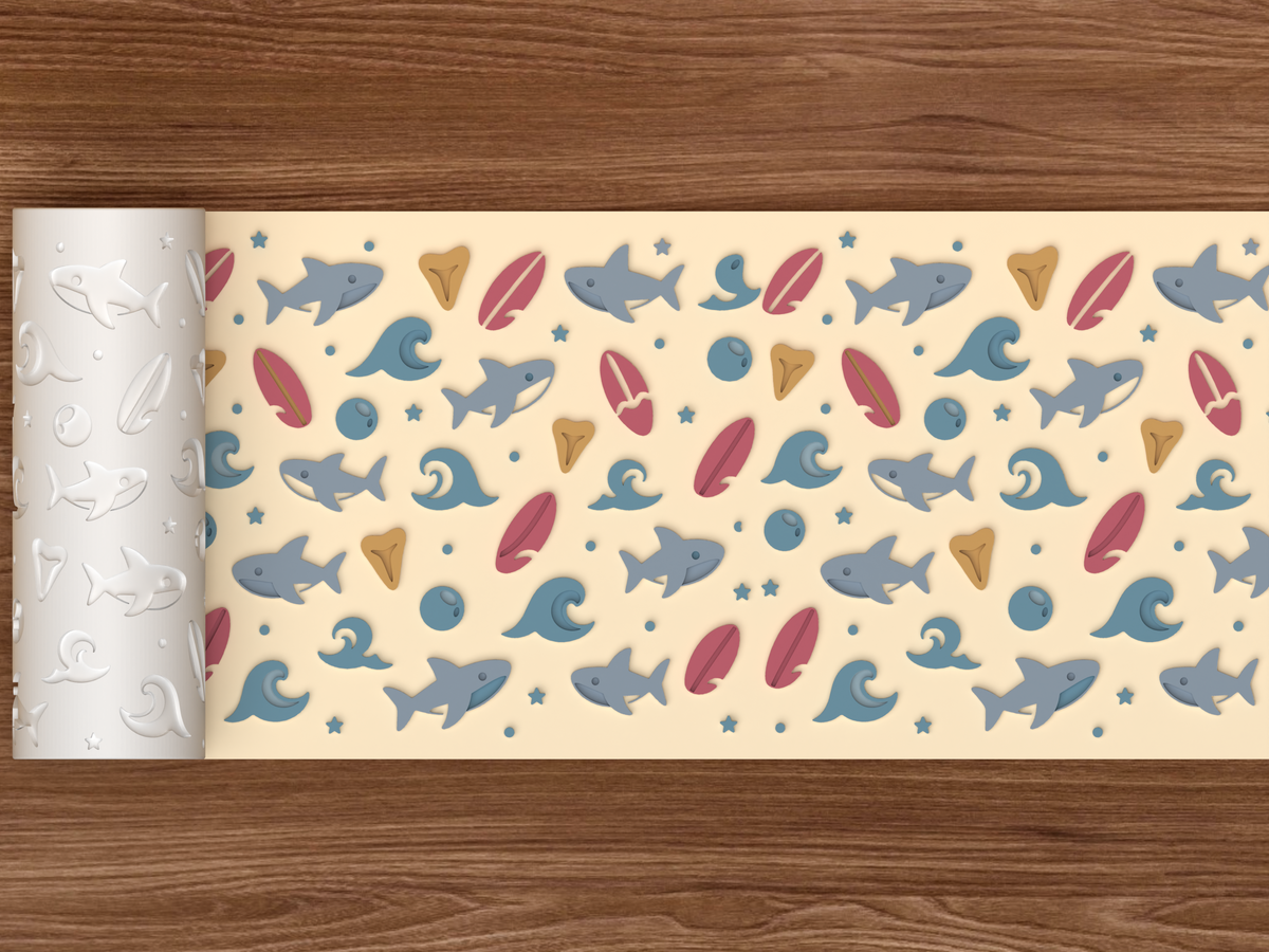 Shark Surf Ocean Textured Roller STL File - 02 wide shot emboss colored