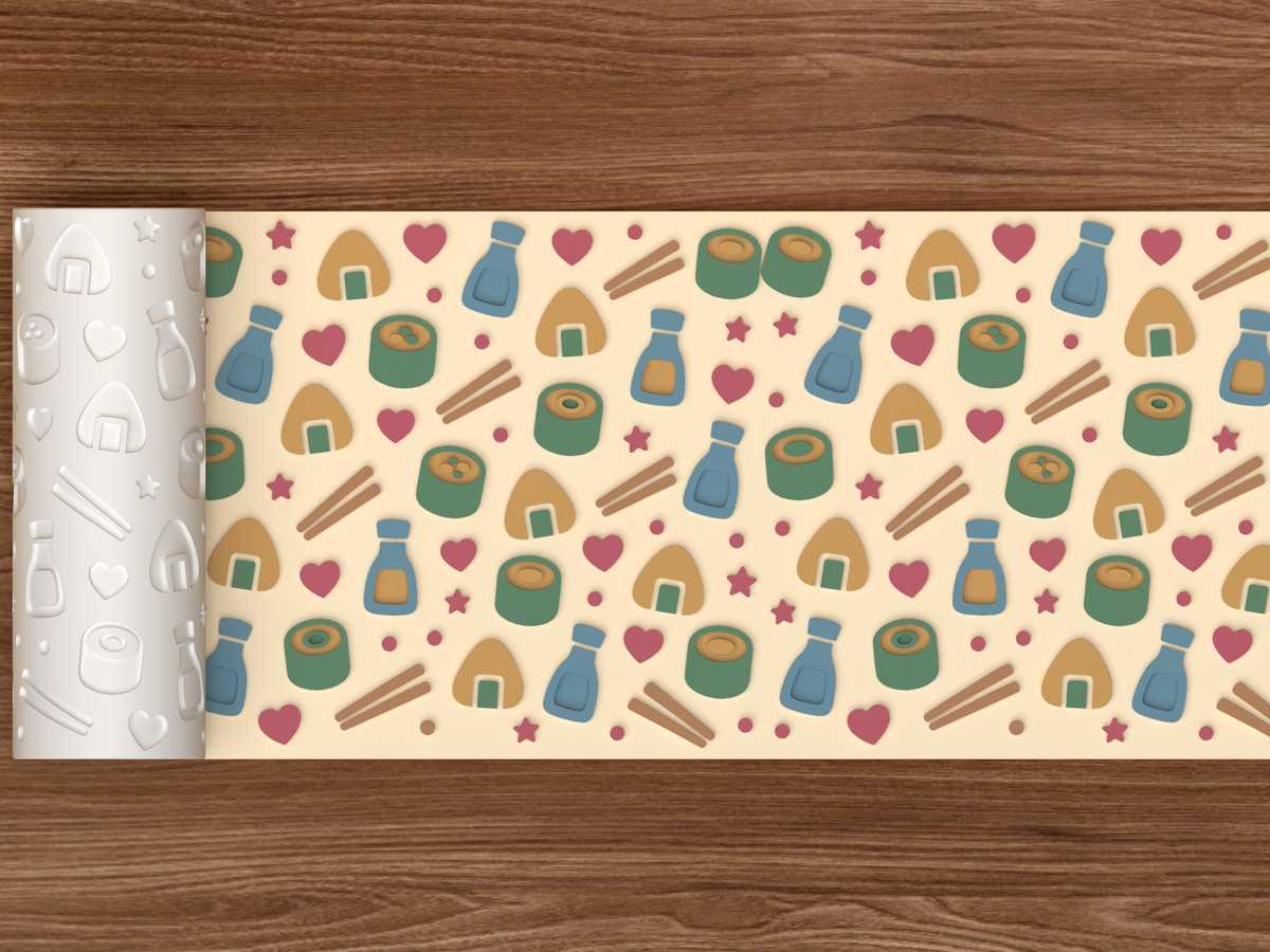 Kawaii Sushi Textured Roller STL File - 02 wide shot emboss colored