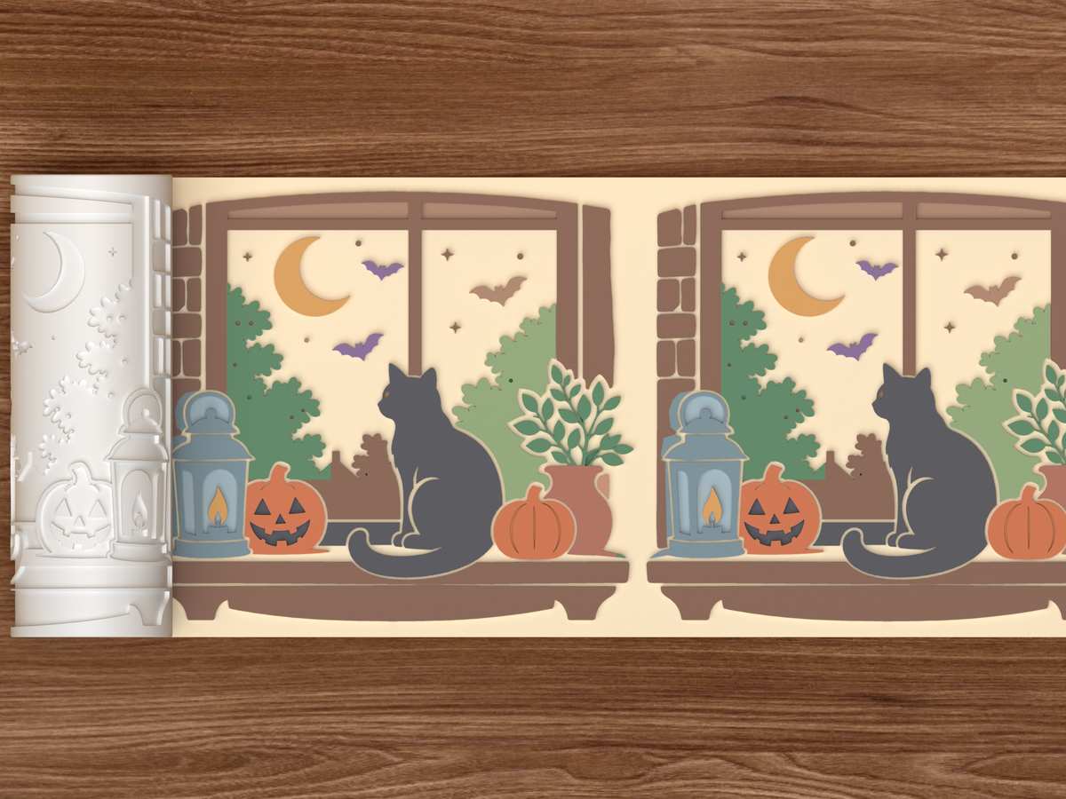 Moonlit Black Cat Window Ledge Textured Roller STL File - 02 wide shot emboss colored
