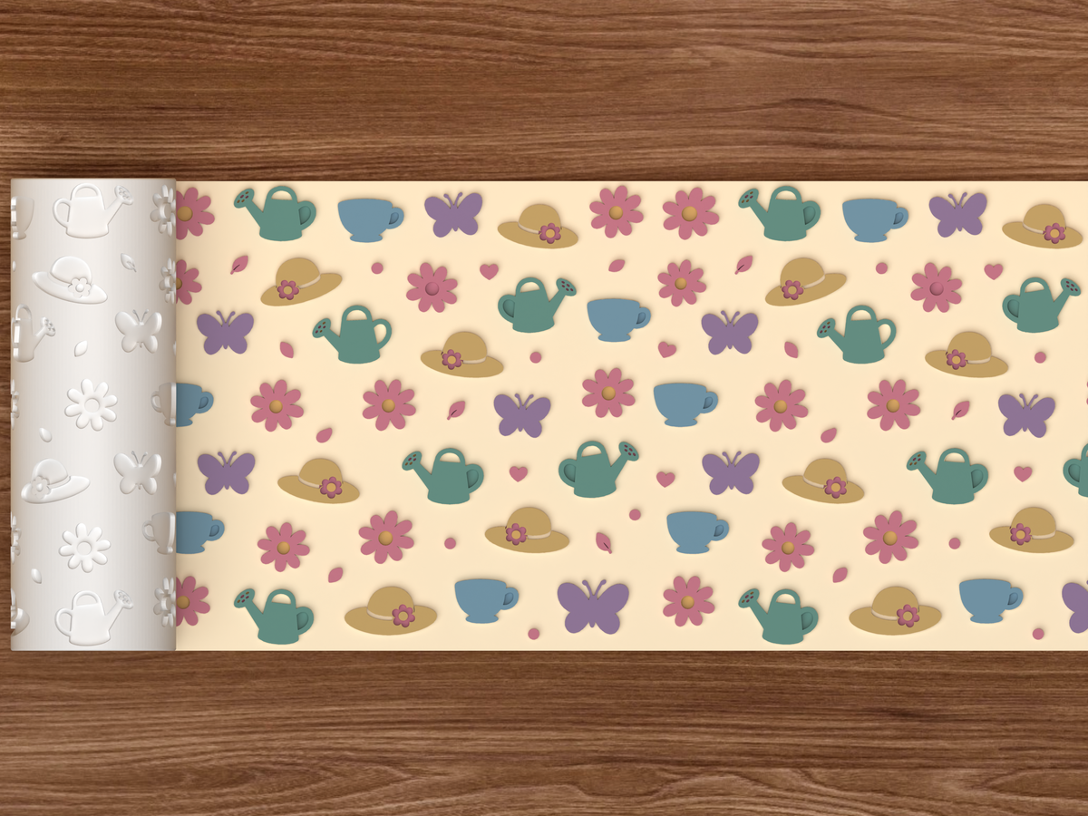 Spring Garden Tea Party Textured Roller STL File - 02 wide shot emboss colored