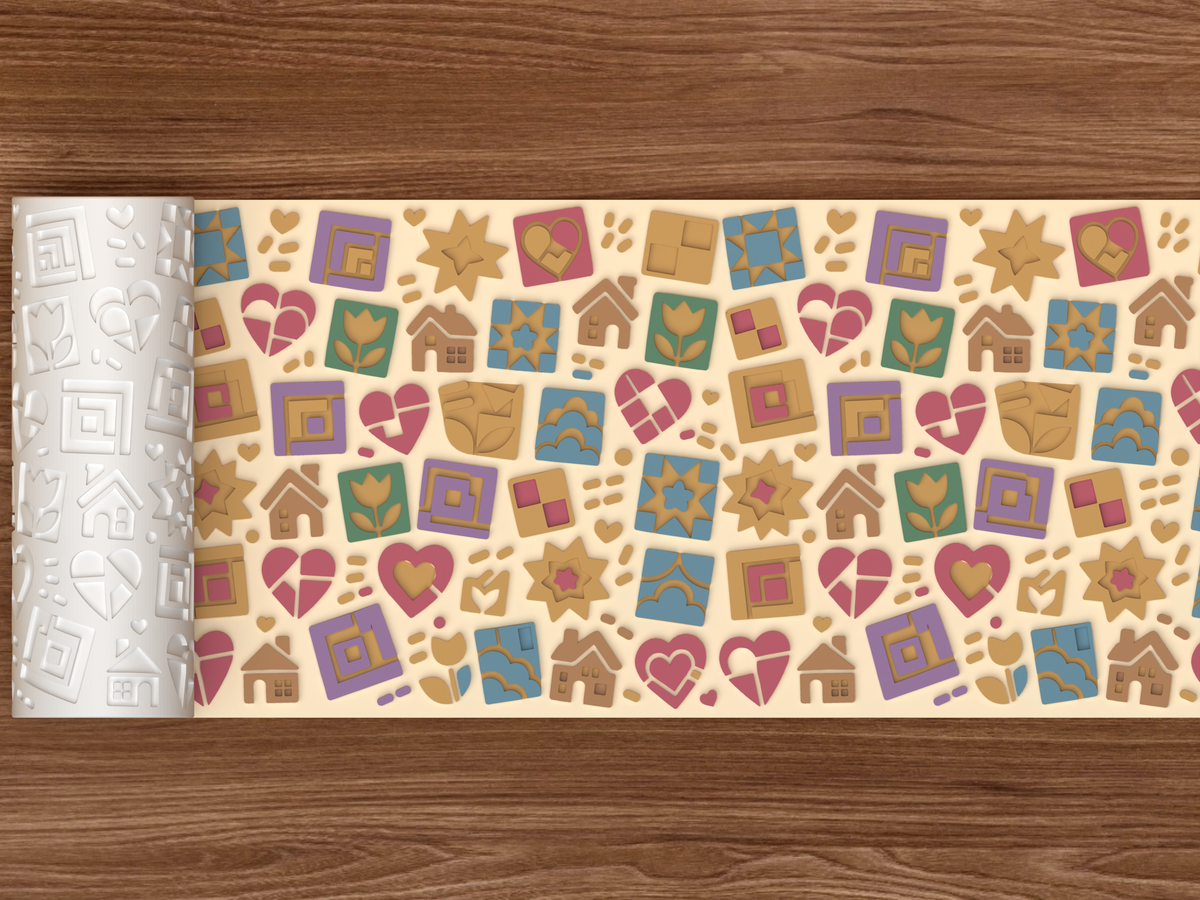 Quilted Cottage Patchwork Textured Roller STL File - 02 wide shot emboss colored