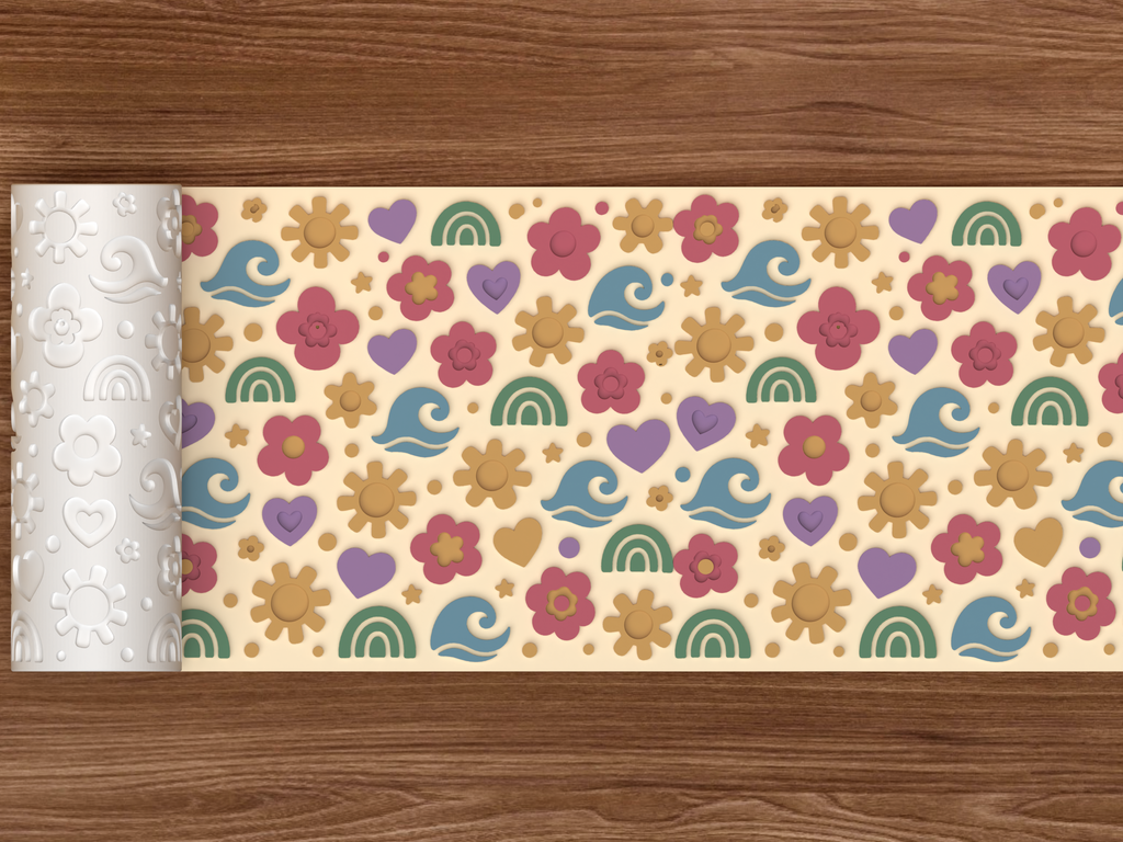 Boho Sunshine Rainbow Textured Roller STL File - 02 wide shot emboss colored