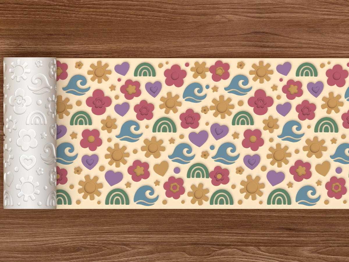 Boho Sunshine Rainbow Textured Roller STL File - 02 wide shot emboss colored