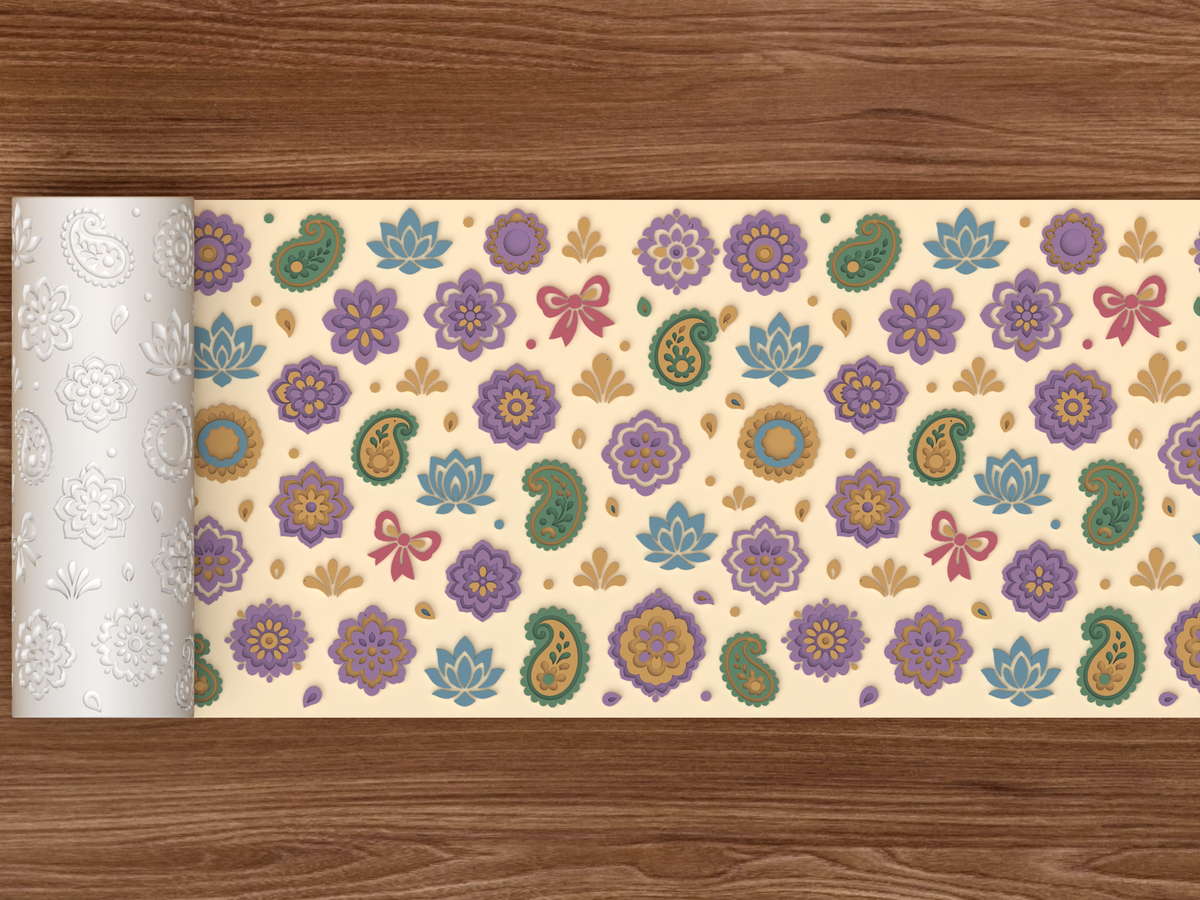 Boho Paisley Floral Textured Roller STL File - 02 wide shot emboss colored