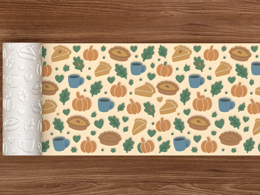 Autumn Pie and Pumpkin Textured Roller STL File - 02 wide shot emboss colored
