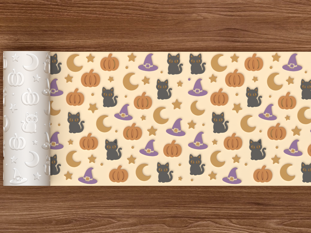 Halloween Witch Cat Textured Roller STL File - 02 wide shot emboss colored
