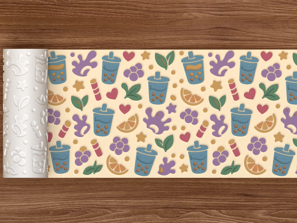 Boba Tea Cafe Textured Roller STL File - 02 wide shot emboss colored