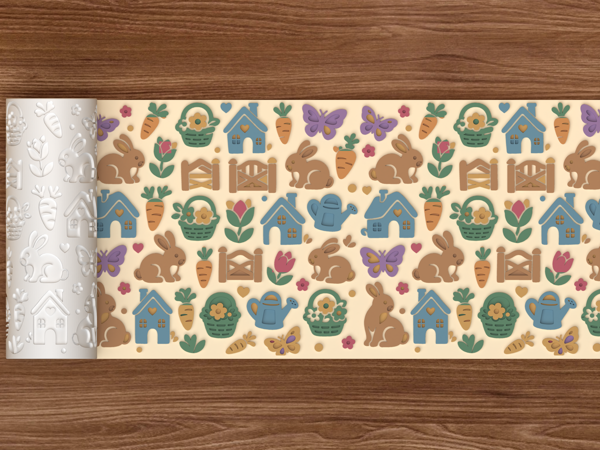 Bunny Cottage Garden Textured Roller STL File - 02 wide shot emboss colored
