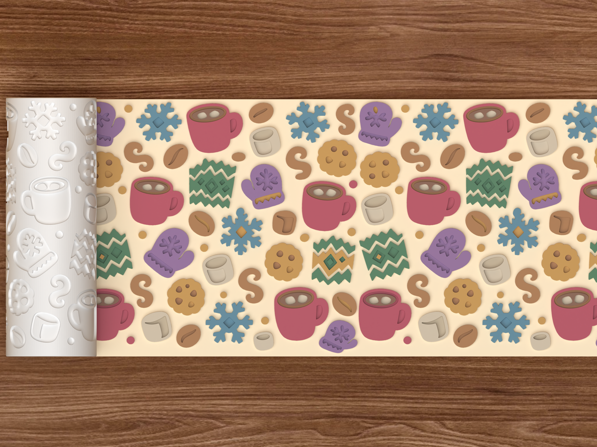 Hot Cocoa Cozy Textured Roller STL File - 02 wide shot emboss colored