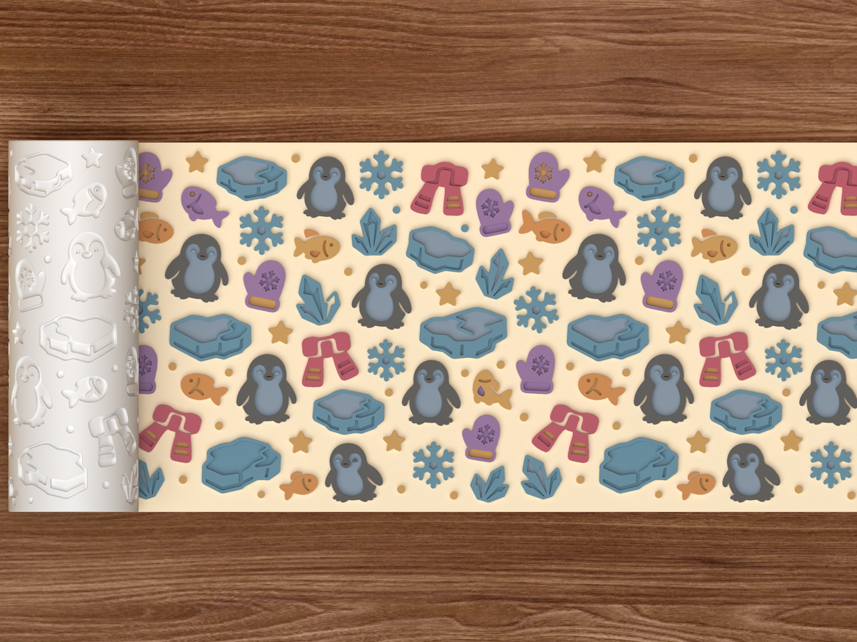Penguin Winter Textured Roller STL File - 02 wide shot emboss colored