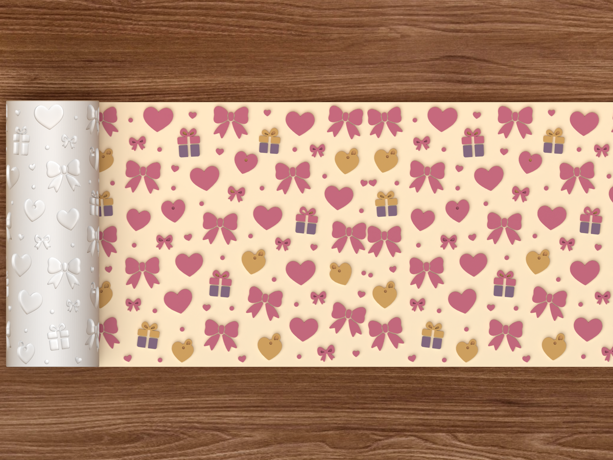 Valentine Hearts Bows Gifts Textured Roller STL File - 02 wide shot emboss colored