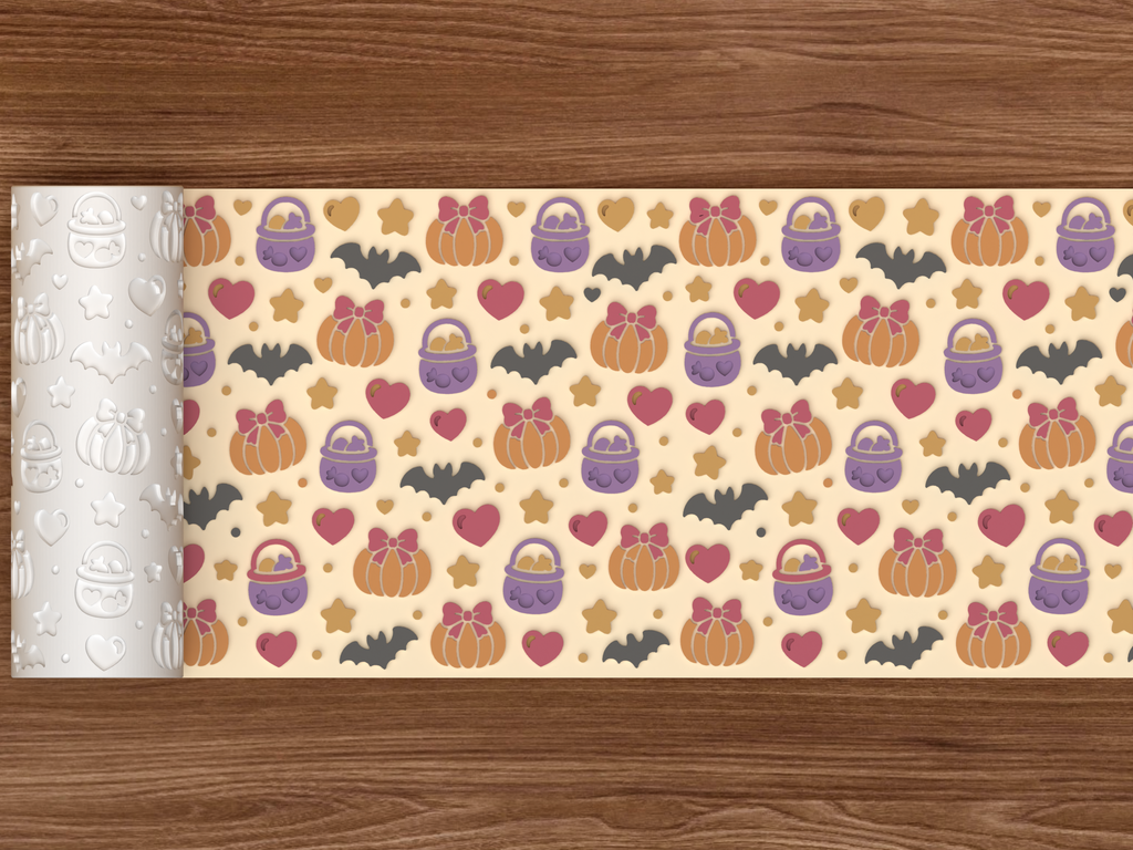 Pastelween Bow Pumpkin Textured Roller STL File - 02 wide shot emboss colored