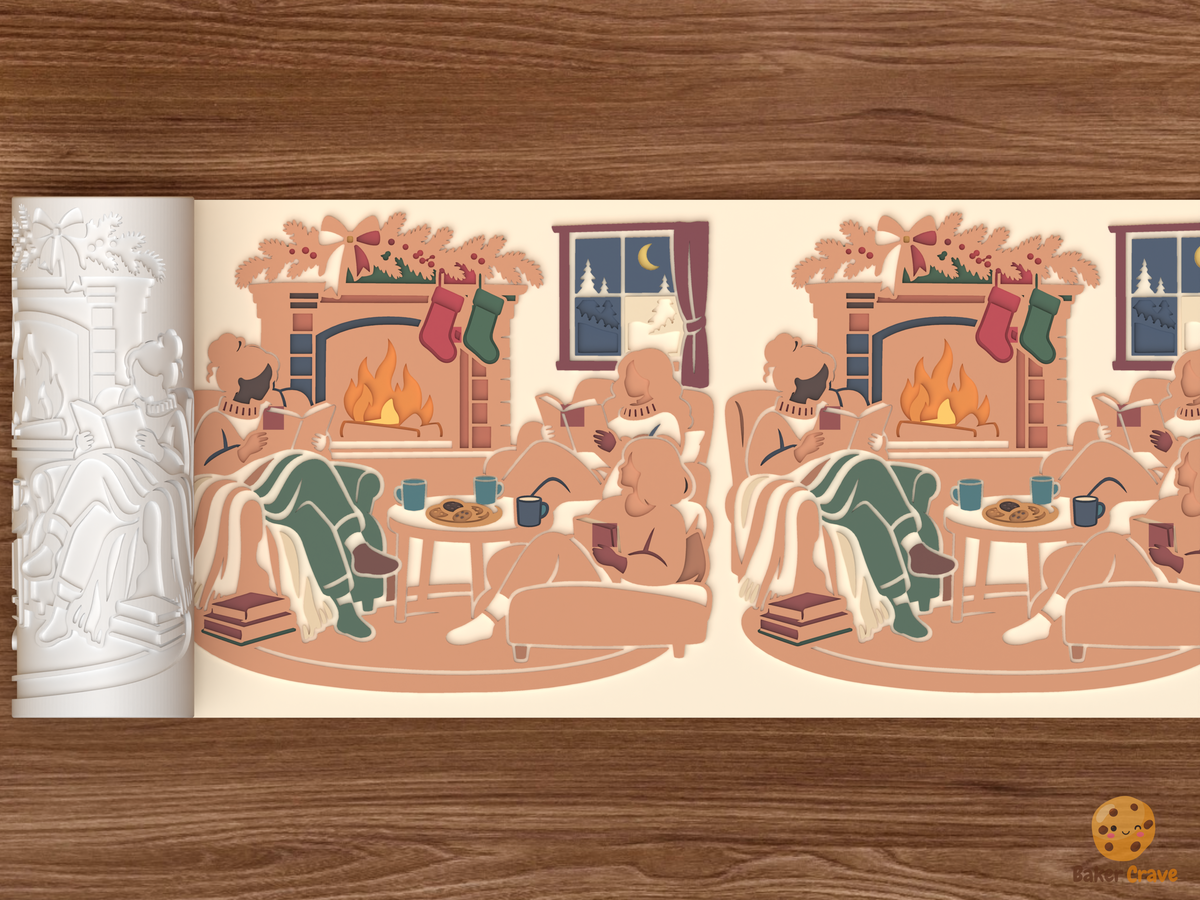Christmas Book Club Fireplace Circle Textured Roller