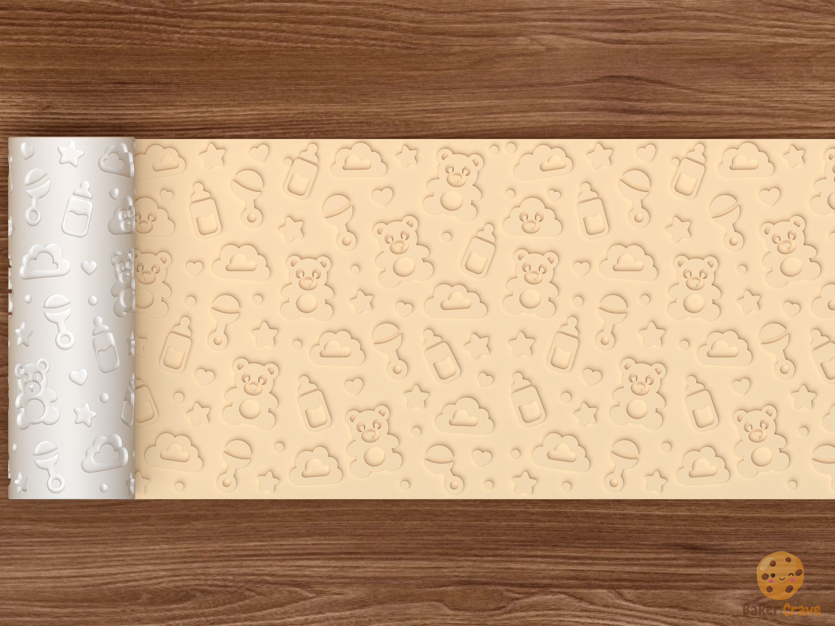 Baby Shower Teddy Bear Textured Roller STL File - 02 wide shot emboss