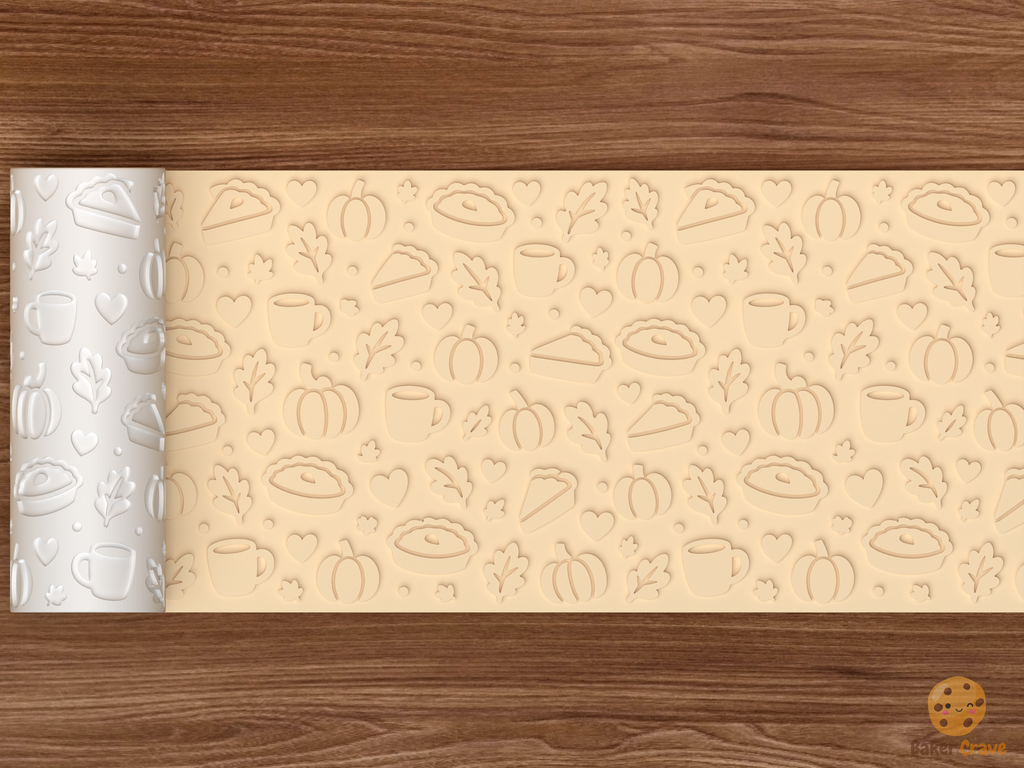 Autumn Pie and Pumpkin Textured Roller STL File - 02 wide shot emboss