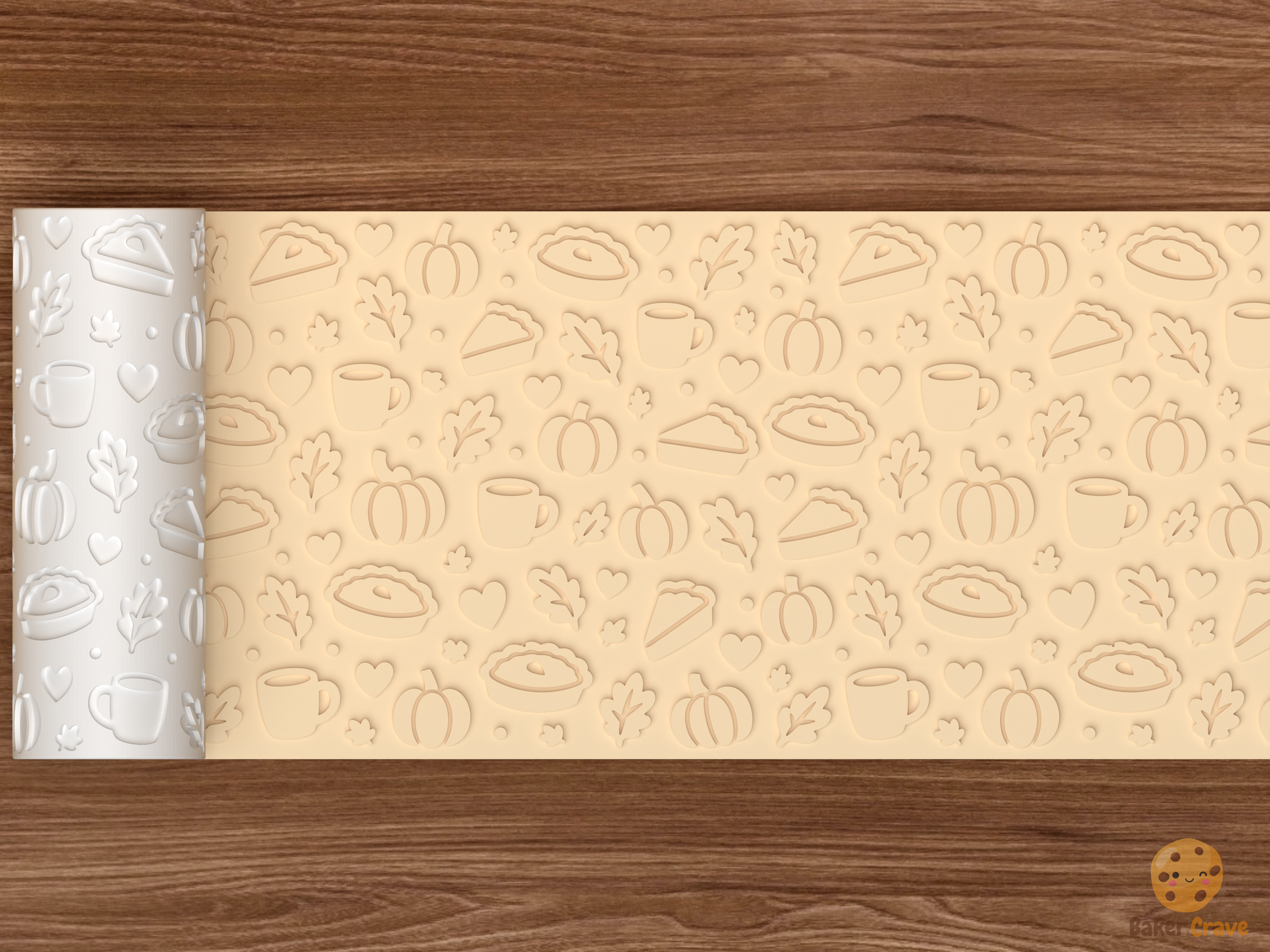 Autumn Pie and Pumpkin Textured Roller STL File - 02 wide shot emboss