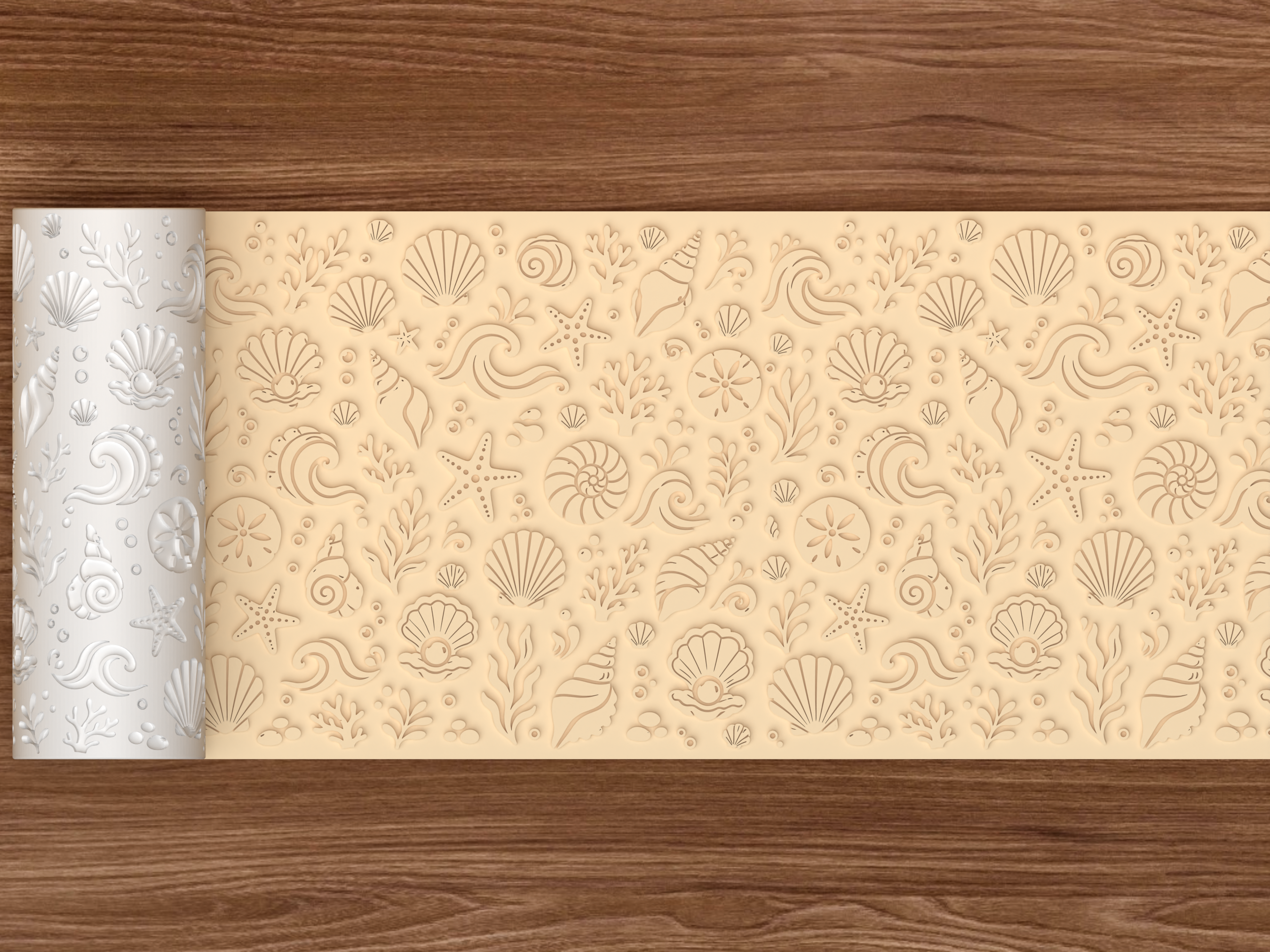 Ocean Shell & Wave Textured Roller STL File - 02 wide shot emboss