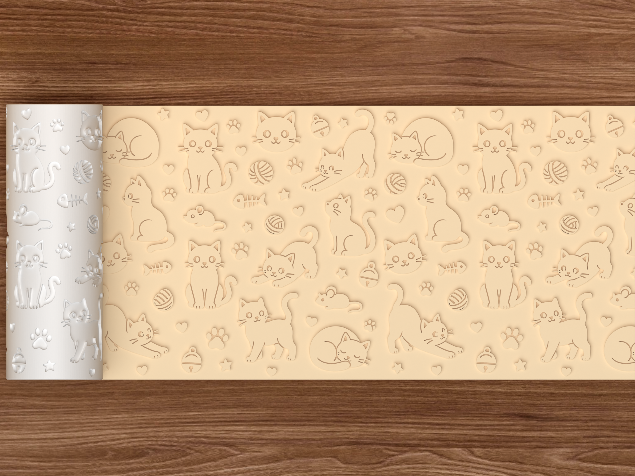 Cat Textured Roller STL File - 02 wide shot emboss