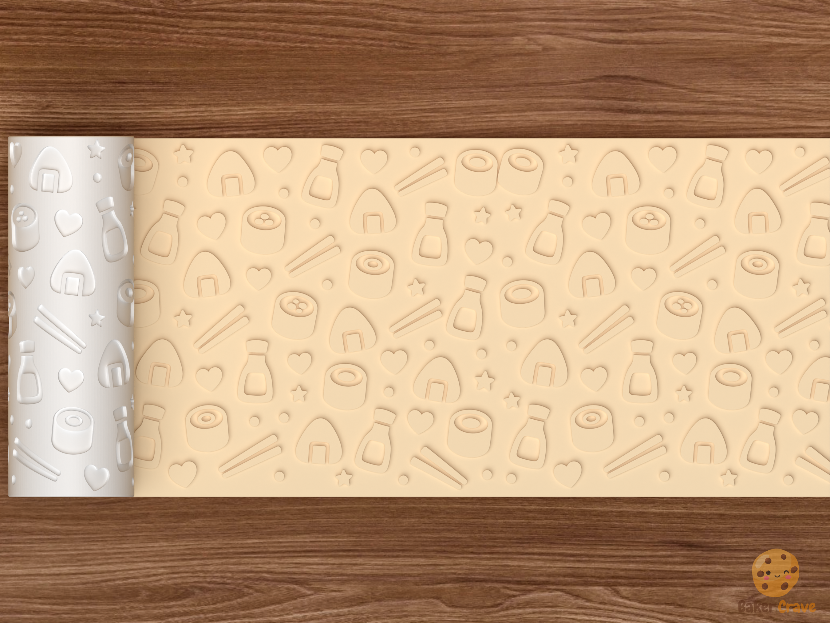 Kawaii Sushi Textured Roller STL File - 02 wide shot emboss