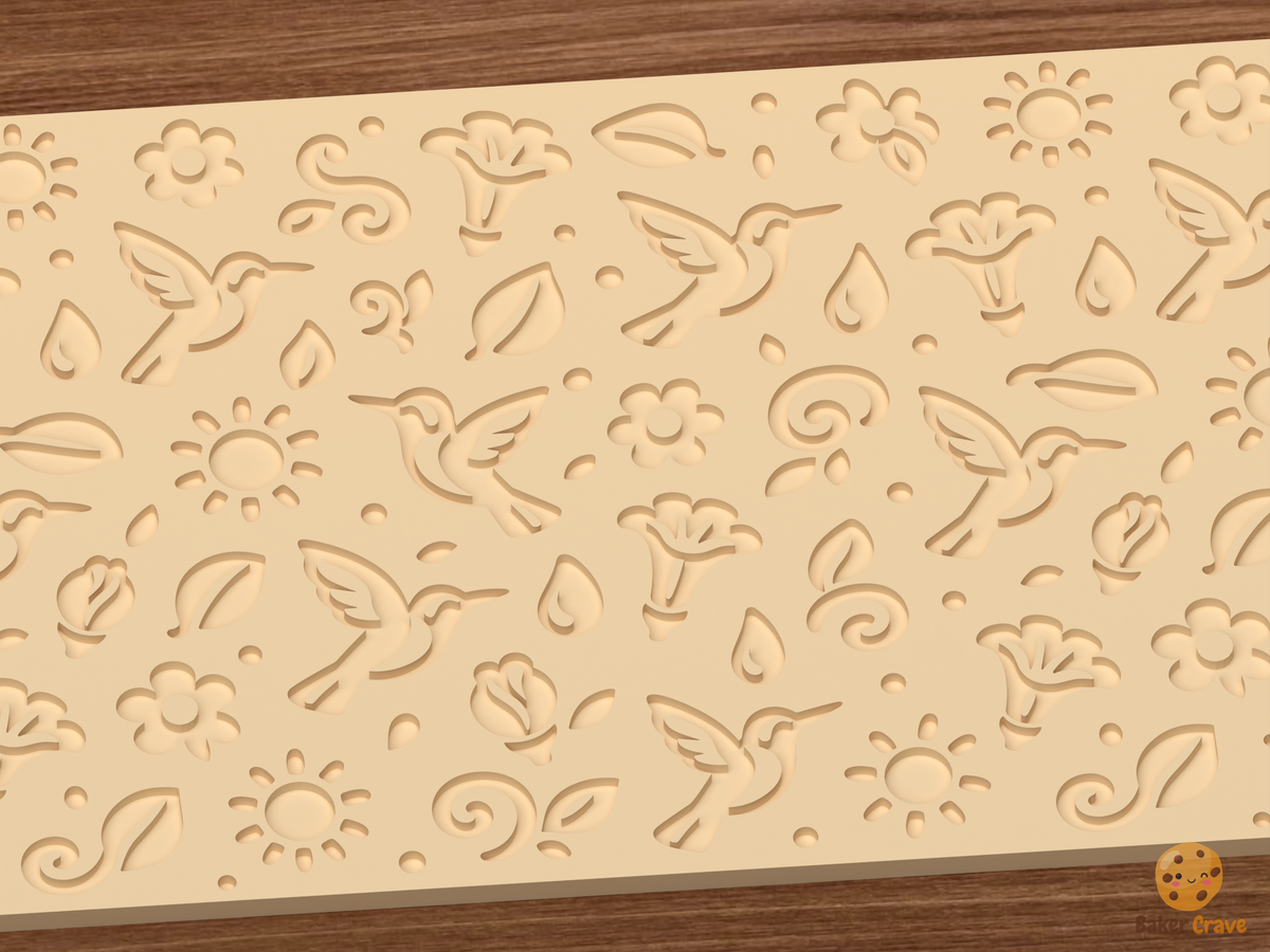 Hummingbird Floral Textured Roller STL File - 03 close detail deboss