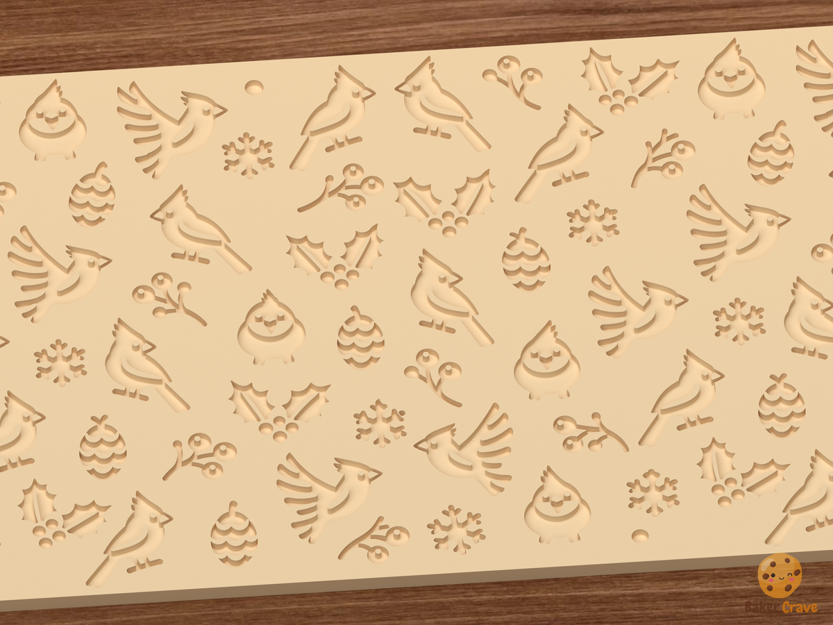 Winter Cardinal Berry Sprig Textured Roller STL File