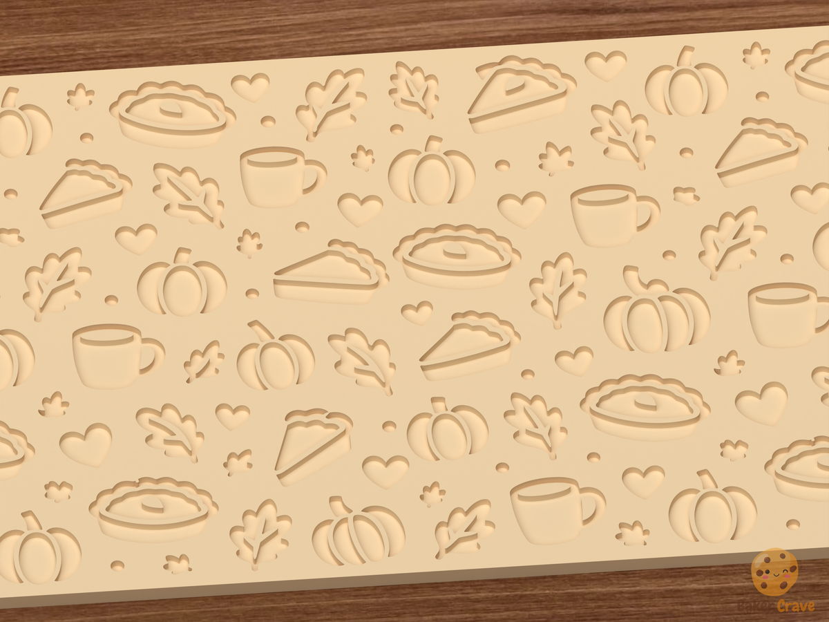 Autumn Pie and Pumpkin Textured Roller STL File - 03 close detail deboss