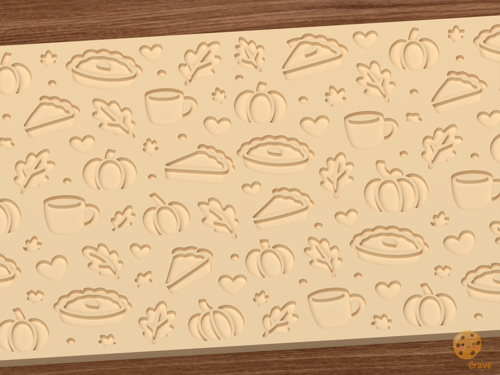 Autumn Pie and Pumpkin Textured Roller STL File - 03 close detail deboss