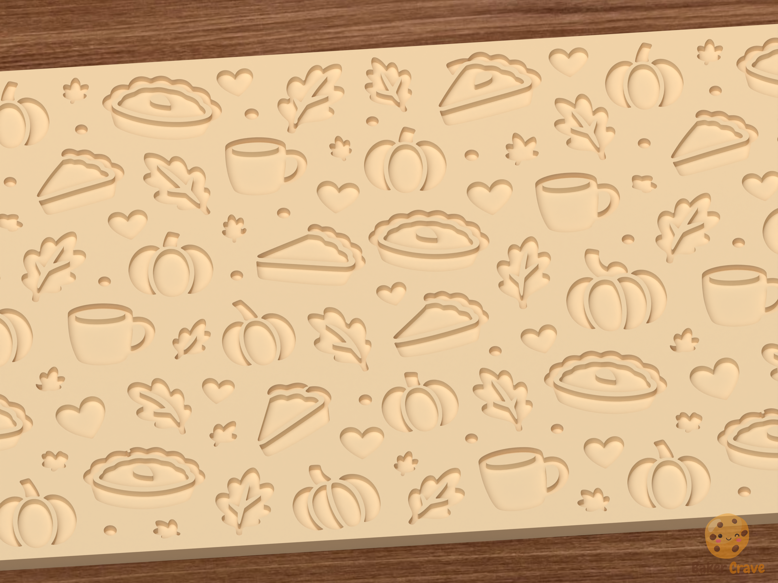 Autumn Pie and Pumpkin Textured Roller STL File - 03 close detail deboss