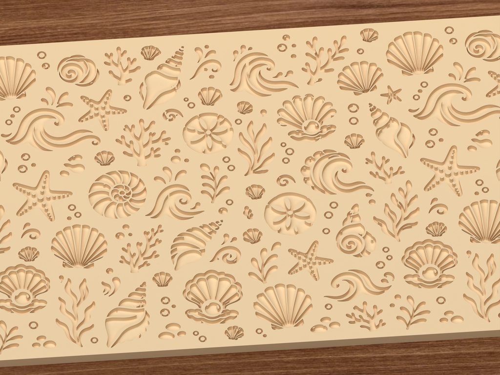 Ocean Shell & Wave Textured Roller STL File - 03 close detail deboss
