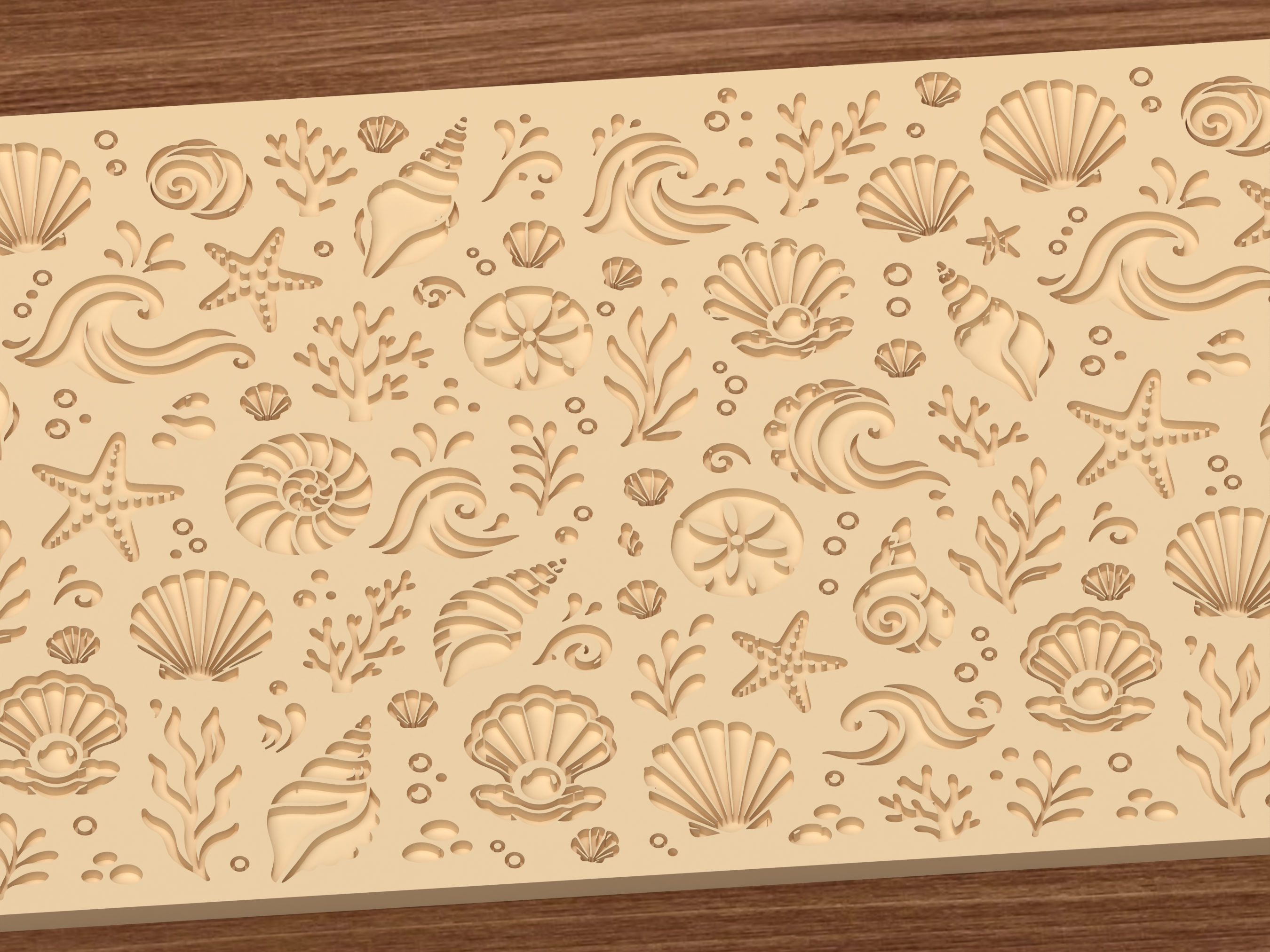 Ocean Shell & Wave Textured Roller STL File - 03 close detail deboss