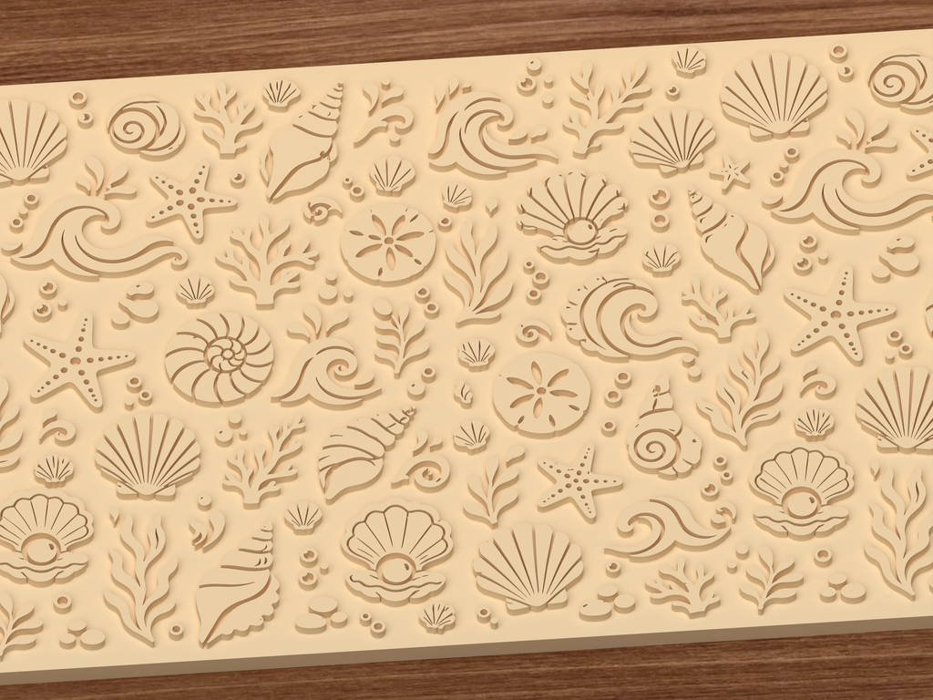 Ocean Shell & Wave Textured Roller STL File - 03 close detail emboss