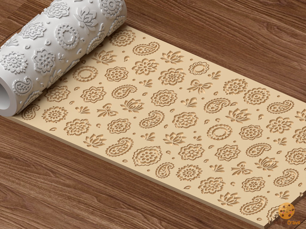 Boho Paisley Floral Textured Roller STL File - 03 perspective beauty shot deboss