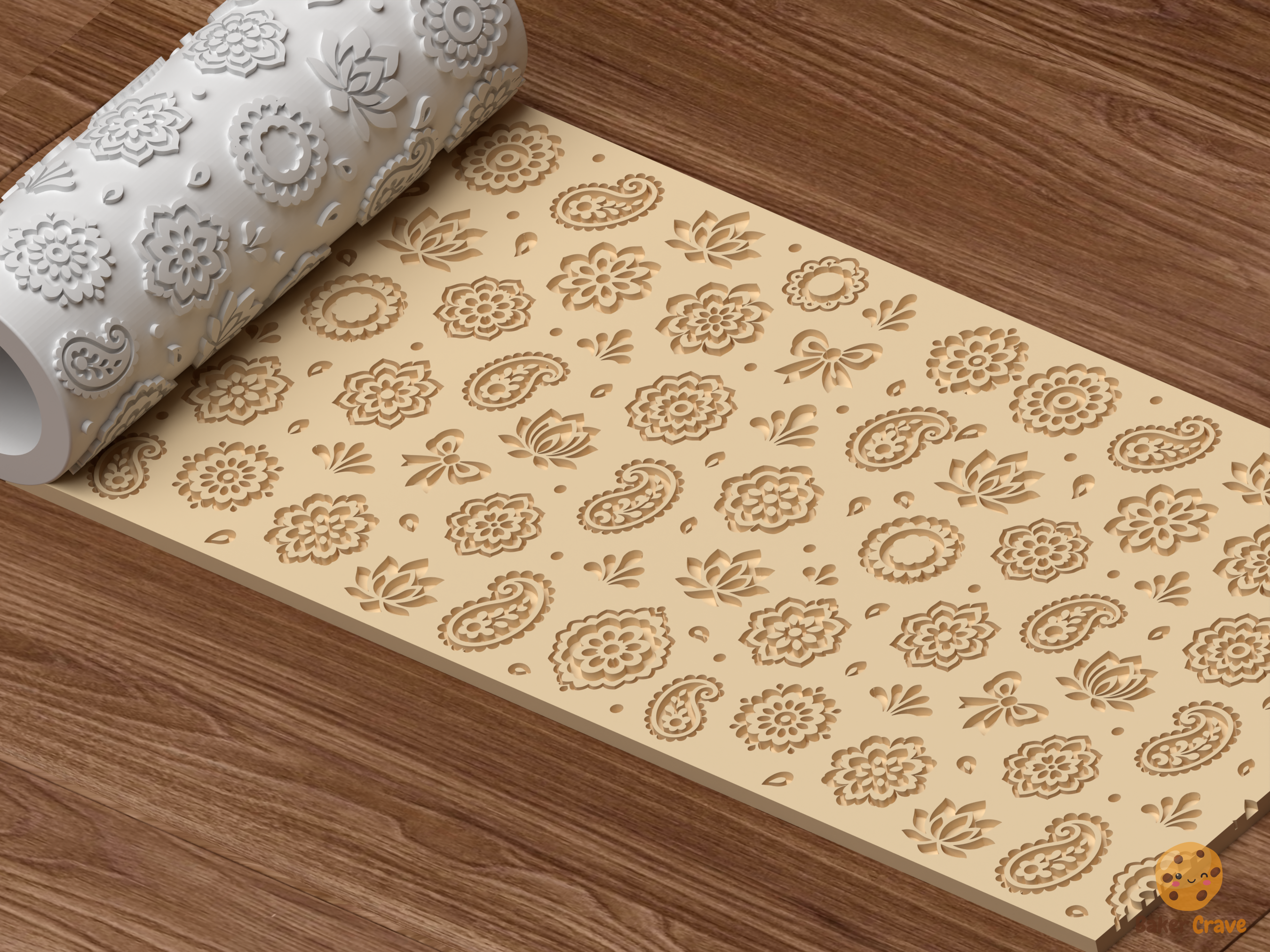 Boho Paisley Floral Textured Roller STL File - 03 perspective beauty shot deboss